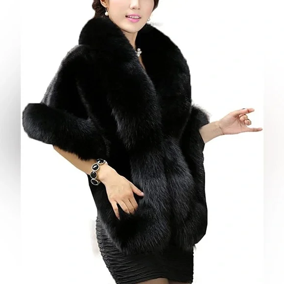 Black Faux Fur Wrap Coat - Picture 1 of 7